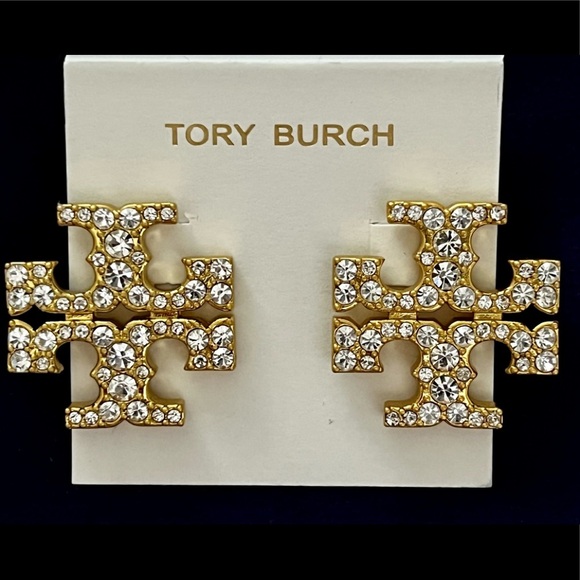 Tory Burch Authentic Kira Crystal Pave Tory Logo Gold Bold Stud Earrings - Picture 4 of 13